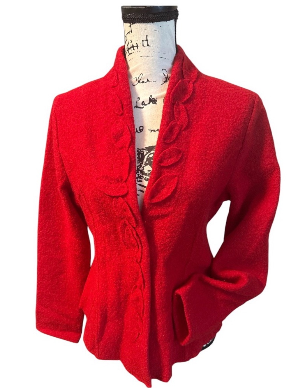 Red Felted Wool Sculpted Snap Front Jacket Coat Structured Blazer Women's Sz  L⁠